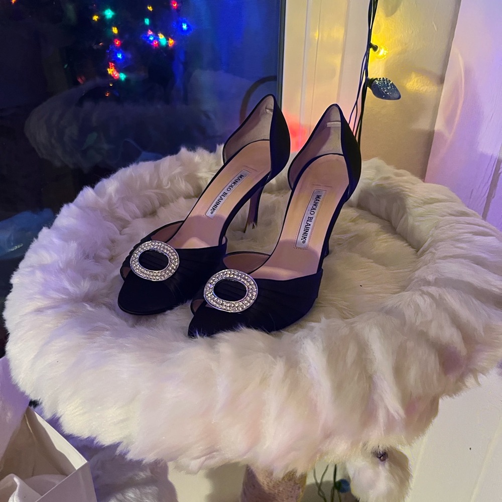 Manolo Blahnik Black Satin and Crystal Embellished Sedaraby Heels, D’Orsay Style